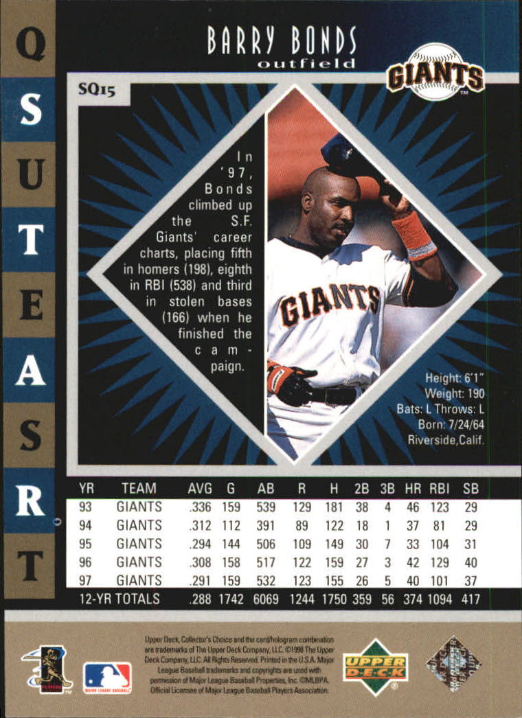 1998 Collector's Choice StarQuest Single #15 Barry Bonds back image