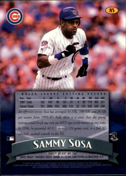 1998 Finest #85 Sammy Sosa back image