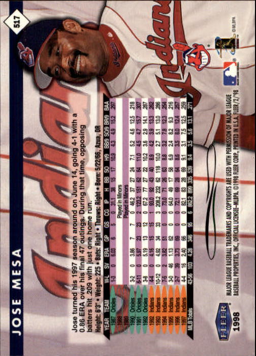 1998 Fleer Tradition #517 Jose Mesa back image