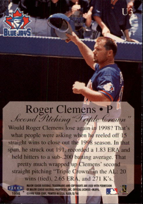 1998 Fleer Tradition Update #U3 Roger Clemens HL back image