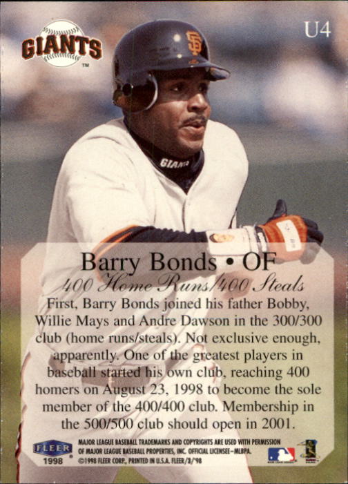 1998 Fleer Tradition Update #U4 Barry Bonds HL back image