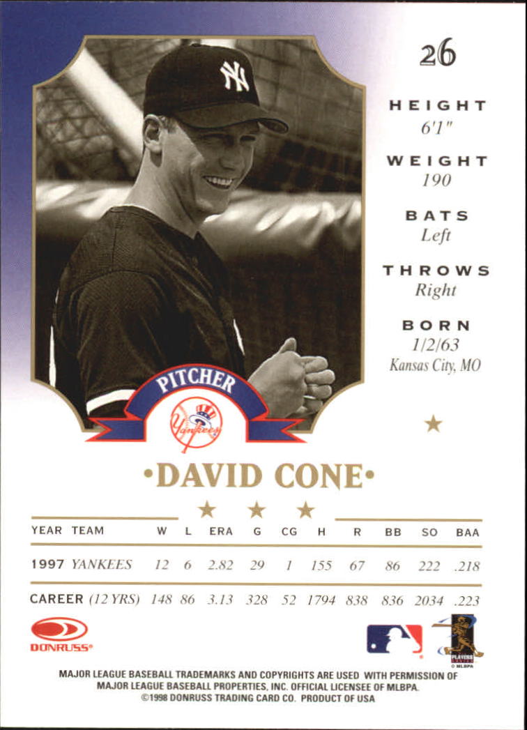 1998 Leaf #26 David Cone back image