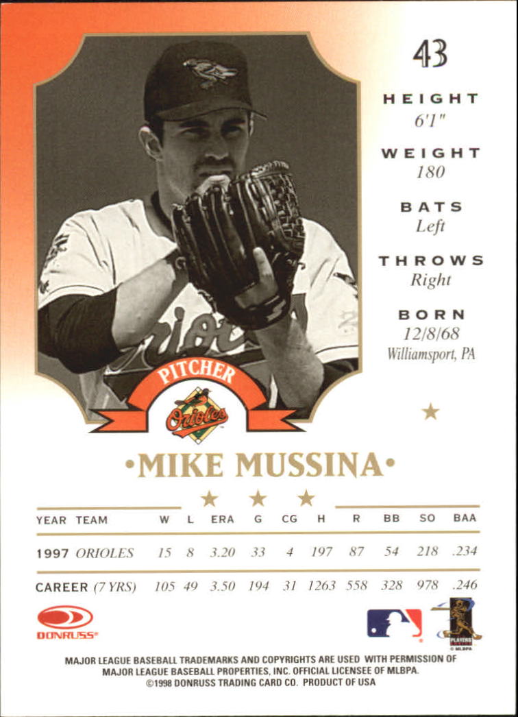 1998 Leaf #43 Mike Mussina back image