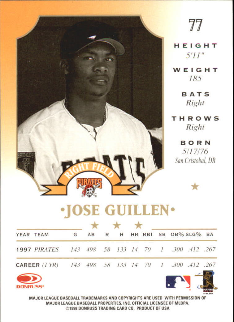 1998 Leaf #77 Jose Guillen back image