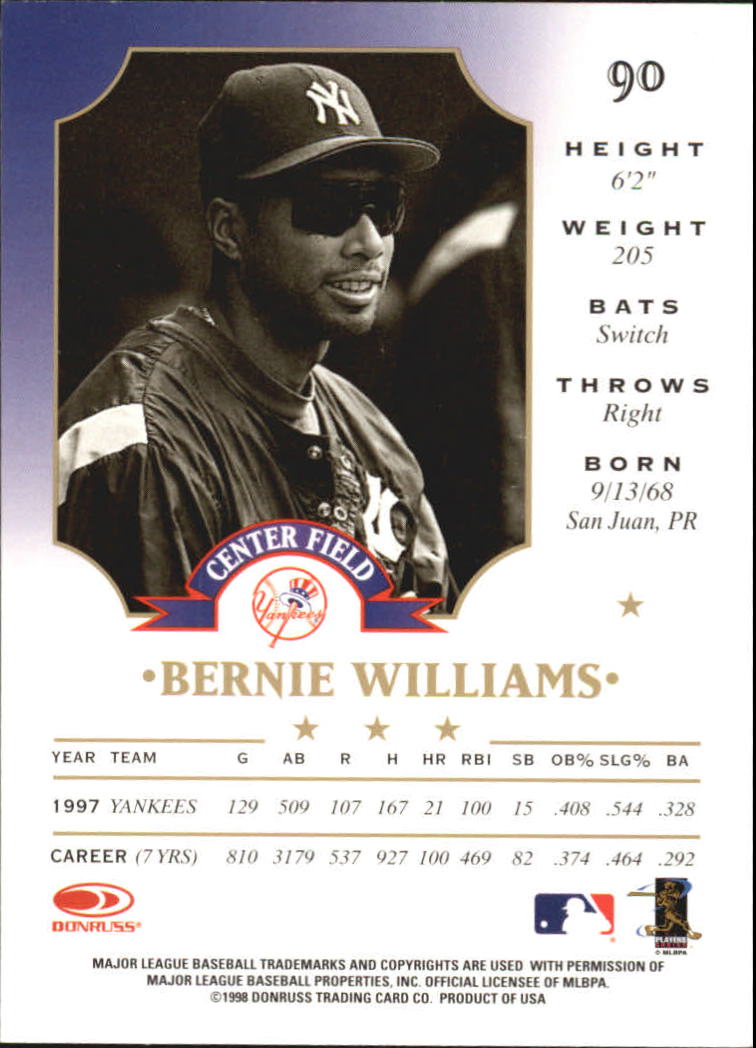1998 Leaf #90 Bernie Williams back image