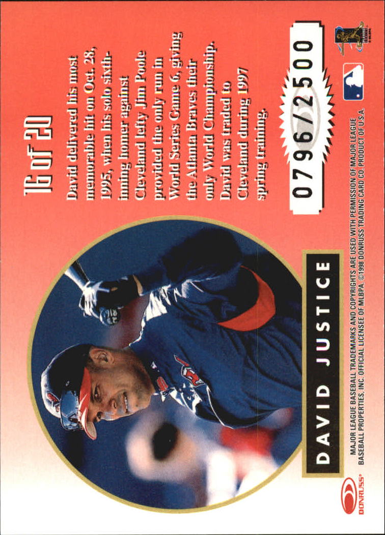 1998 Leaf Rookies and Stars Greatest Hits #16 David Justice back image