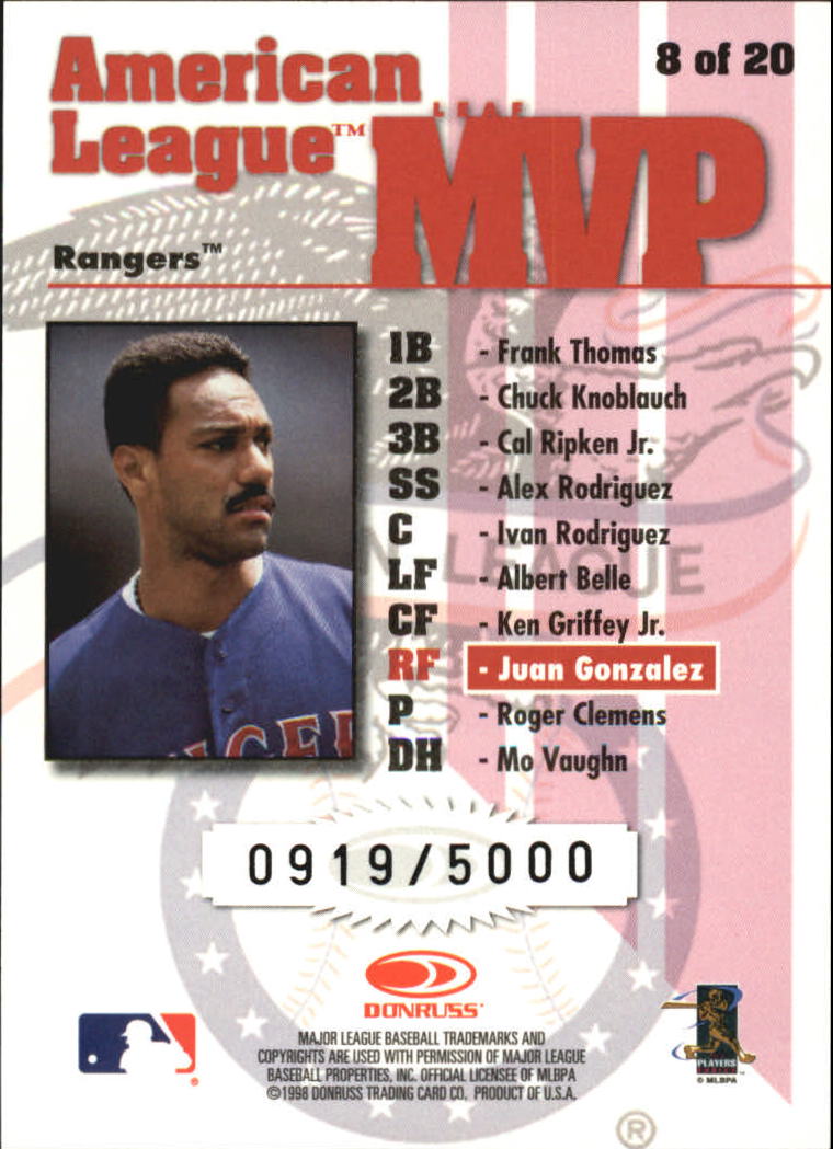 1998 Leaf Rookies and Stars Leaf MVP's #8 Juan Gonzalez back image