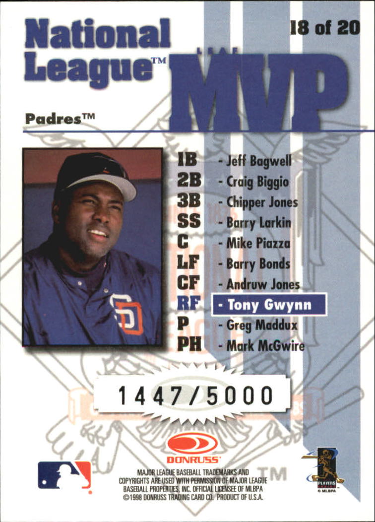 1998 Leaf Rookies and Stars Leaf MVP's #18 Tony Gwynn back image