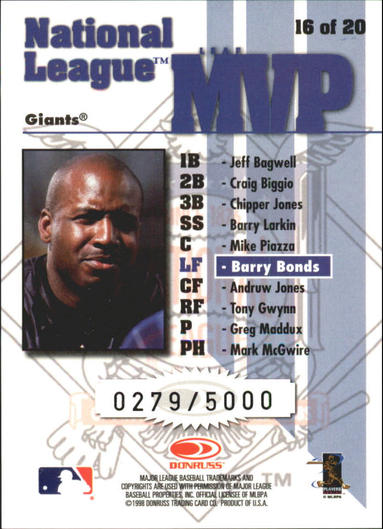 1998 Leaf Rookies and Stars Leaf MVP's Pennant Edition #16 Barry Bonds /500