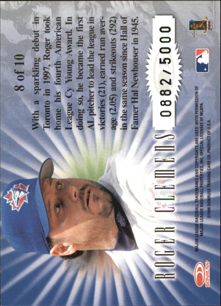 1998 Leaf Rookies and Stars Standing Ovations #8 Roger Clemens back image
