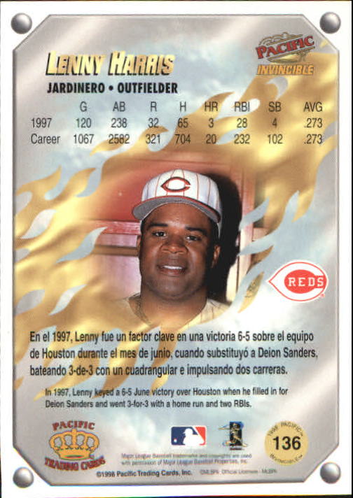 1998 Pacific Invincible Gems of the Diamond #136 Lenny Harris back image