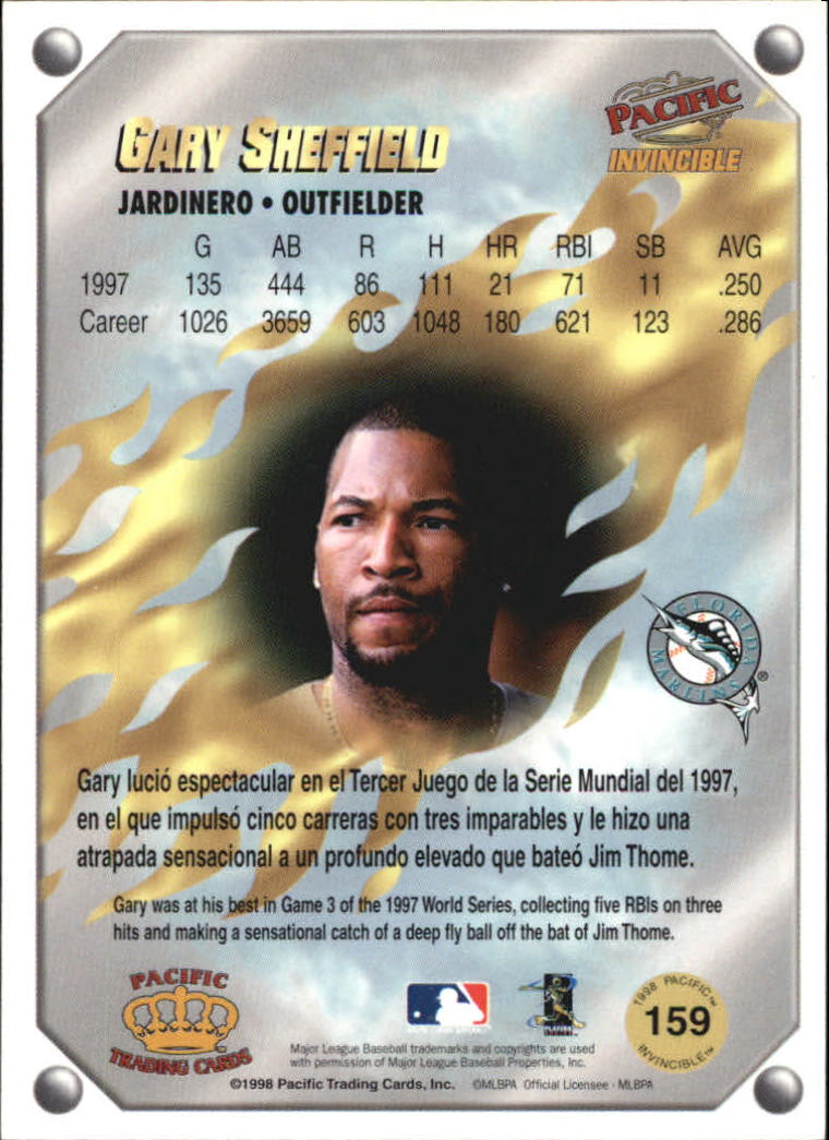 1998 Pacific Invincible Gems of the Diamond #159 Gary Sheffield back image
