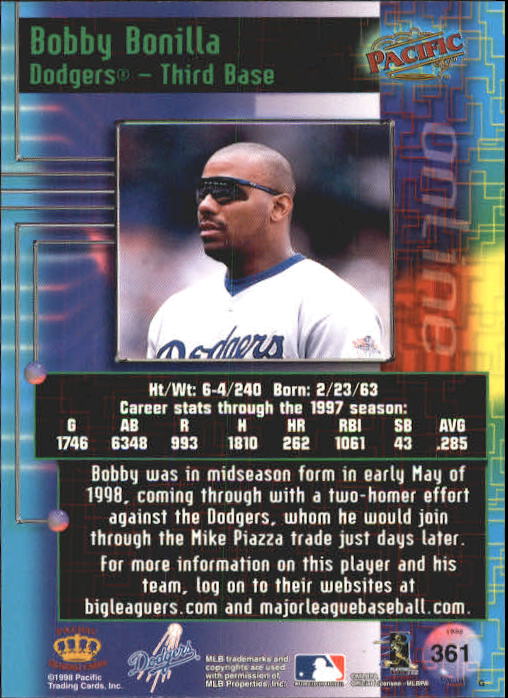 1998 Pacific Online #361 Bobby Bonilla back image