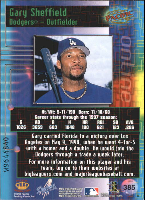 1998 Pacific Online #385 Gary Sheffield back image