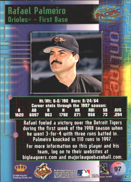 1998 Pacific Online Red #97 Rafael Palmeiro back image