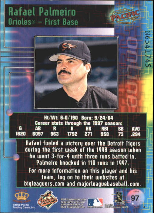 1998 Pacific Online Web Cards #97 Rafael Palmeiro back image