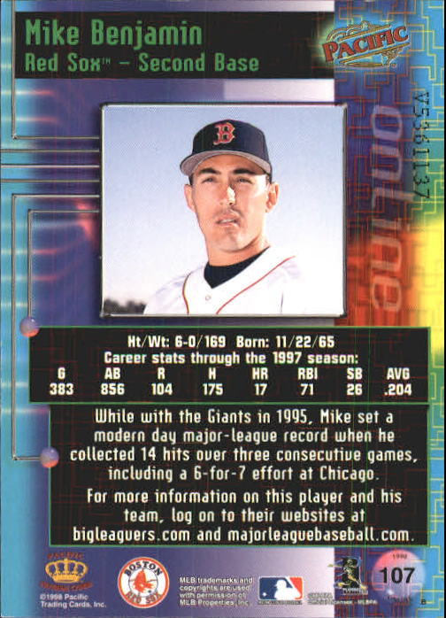 1998 Pacific Online Web Cards #107 Mike Benjamin back image