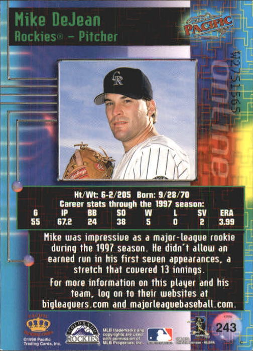 1998 Pacific Online Web Cards #243 Mike DeJean back image