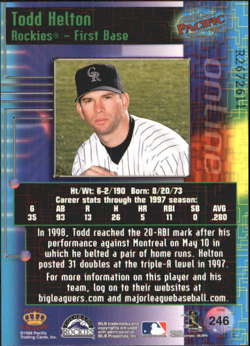 1998 Pacific Online Web Cards #246 Todd Helton back image