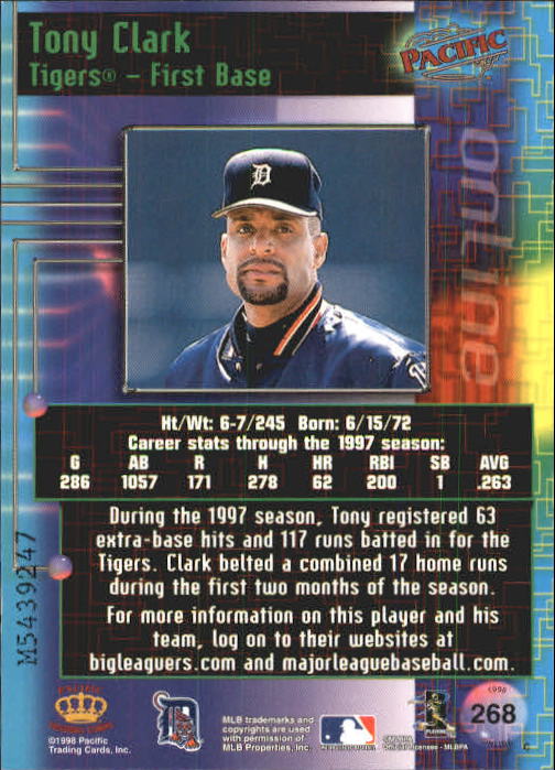 1998 Pacific Online Web Cards #268 Tony Clark back image