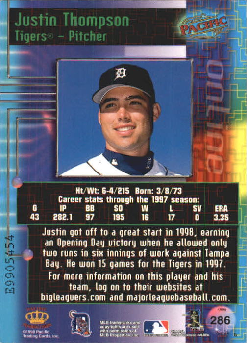 1998 Pacific Online Web Cards #286 Justin Thompson back image