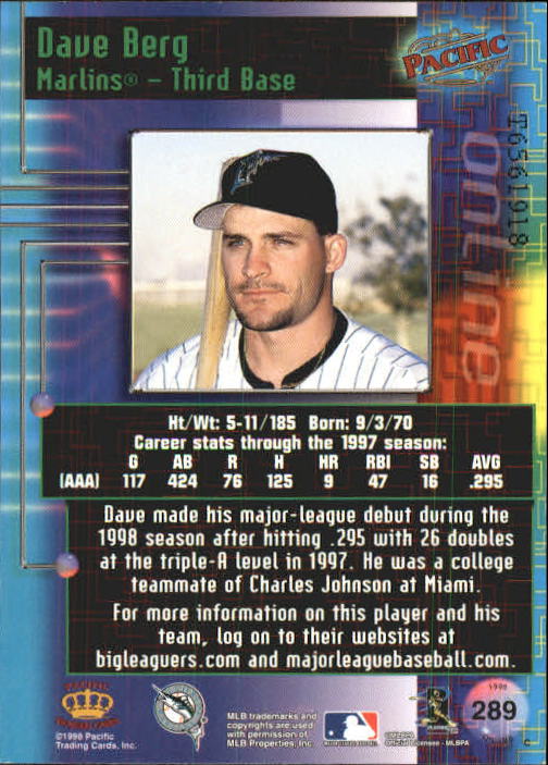 1998 Pacific Online Web Cards #289 Dave Berg back image