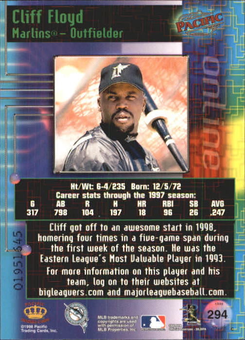 1998 Pacific Online Web Cards #294 Cliff Floyd back image