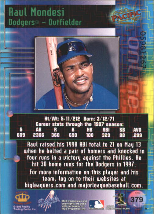 1998 Pacific Online Web Cards #379 Raul Mondesi back image