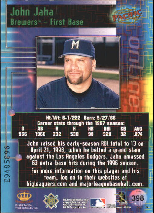1998 Pacific Online Web Cards #398 John Jaha back image