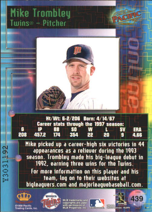 1998 Pacific Online Web Cards #439 Mike Trombley back image