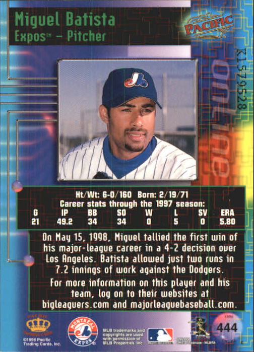 1998 Pacific Online Web Cards #444 Miguel Batista back image
