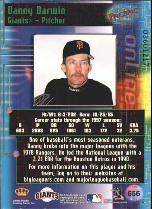 1998 Pacific Online Web Cards #656 Danny Darwin back image
