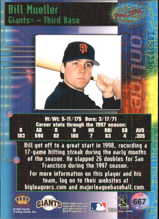 1998 Pacific Online Web Cards #667 Bill Mueller back image