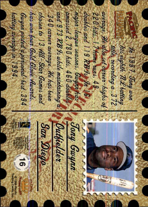 1998 Paramount Special Delivery #16 Tony Gwynn back image
