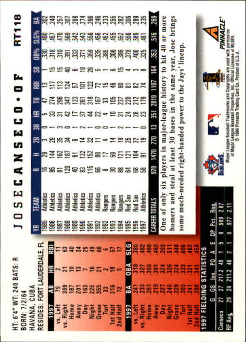 1998 Score Rookie Traded #118 Jose Canseco back image