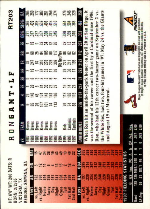1998 Score Rookie Traded #203 Ron Gant back image