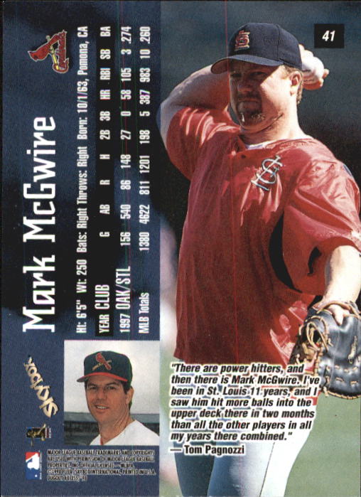 1998 SkyBox Dugout Axcess #41 Mark McGwire back image
