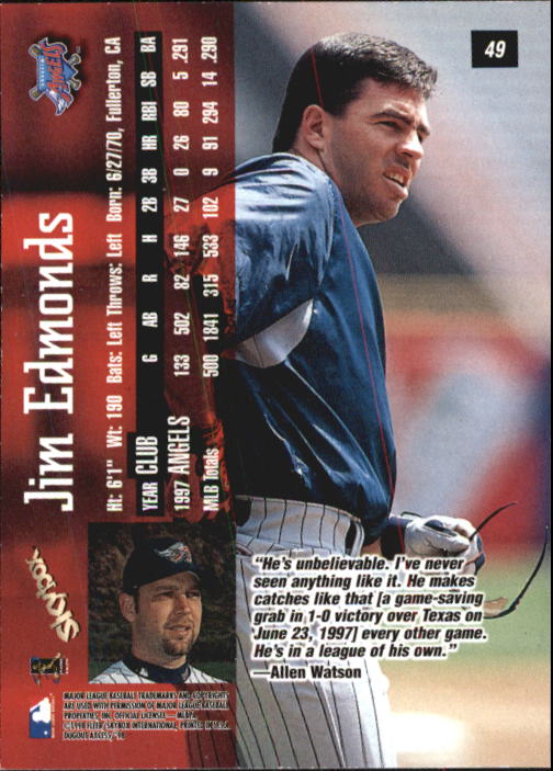 1998 SkyBox Dugout Axcess #49 Jim Edmonds back image