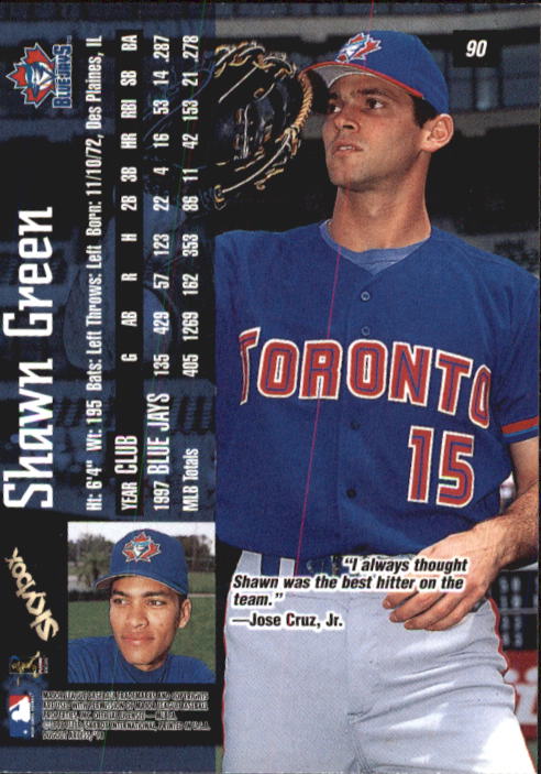 1998 SkyBox Dugout Axcess #90 Shawn Green back image