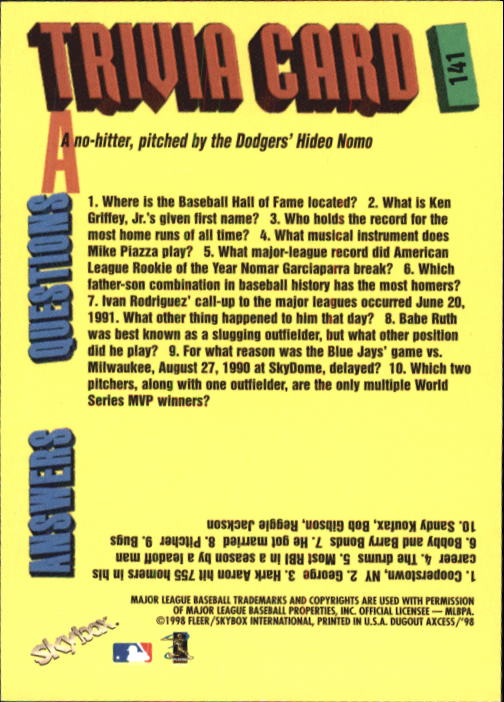 1998 Skybox Dugout Axcess Baseball "Main Set" Cards - Picture 177 of 195