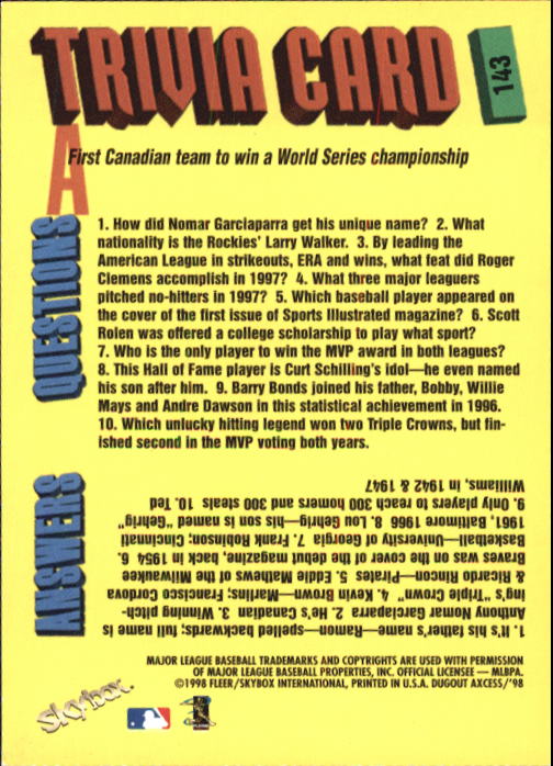 1998 Skybox Dugout Axcess Baseball "Main Set" Cards - Picture 181 of 195