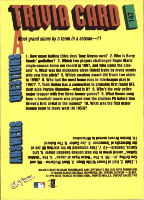 1998 Skybox Dugout Axcess Baseball "Main Set" Cards - Picture 189 of 195