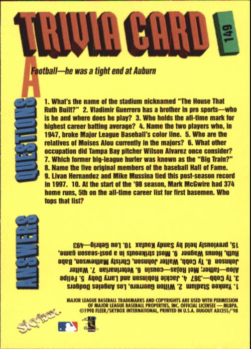 1998 Skybox Dugout Axcess Baseball "Main Set" Cards - Picture 193 of 195