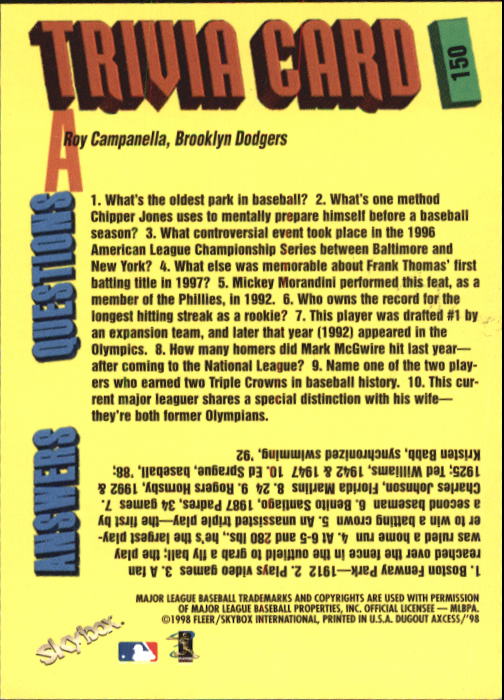 1998 Skybox Dugout Axcess Baseball "Main Set" Cards - Picture 195 of 195