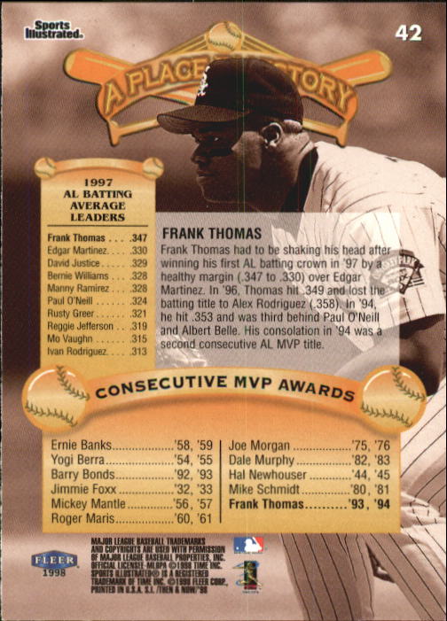 1998 Sports Illustrated Then and Now #42 Frank Thomas HIST back image