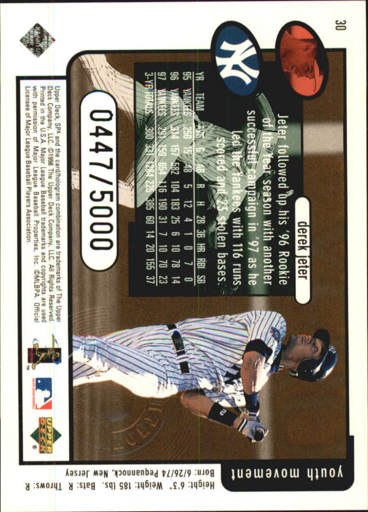 1998 SPx Finite #30 Derek Jeter YM back image