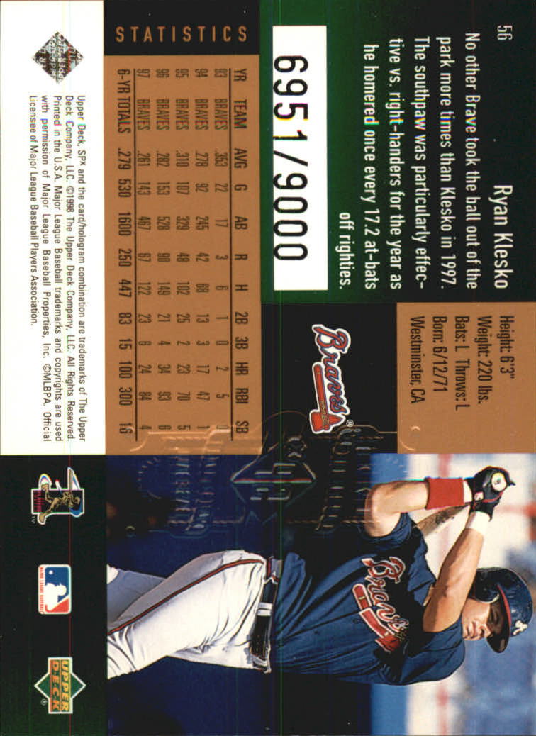 1998 SPx Finite #56 Ryan Klesko back image