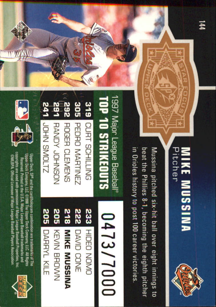 1998 SPx Finite #144 Mike Mussina SF back image
