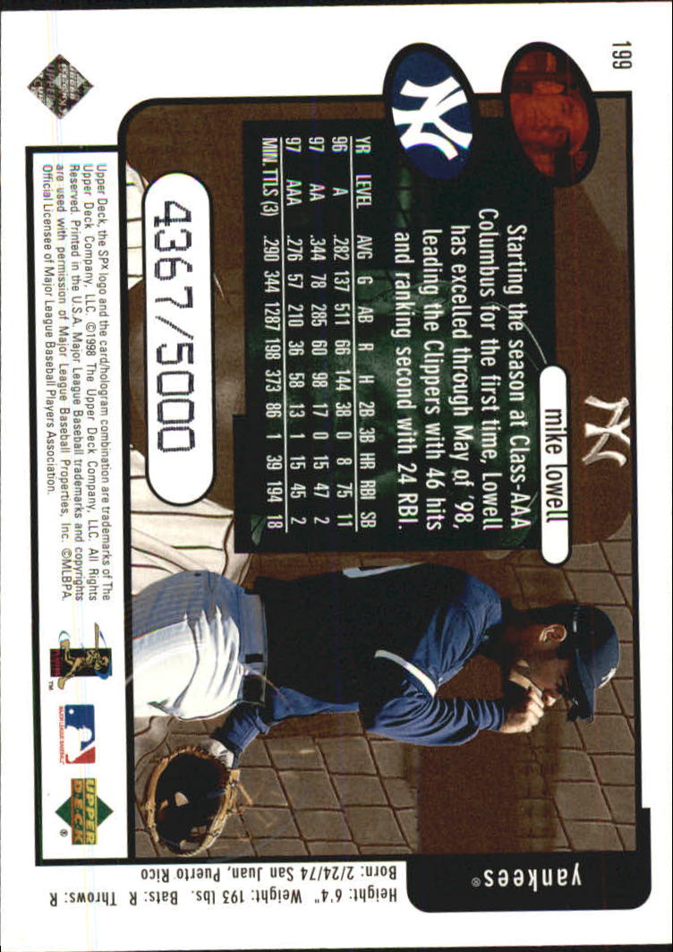 1998 SPx Finite #199 Mike Lowell YM RC back image