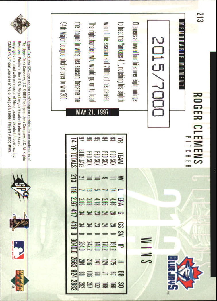 1998 SPx Finite #213 Roger Clemens PP back image